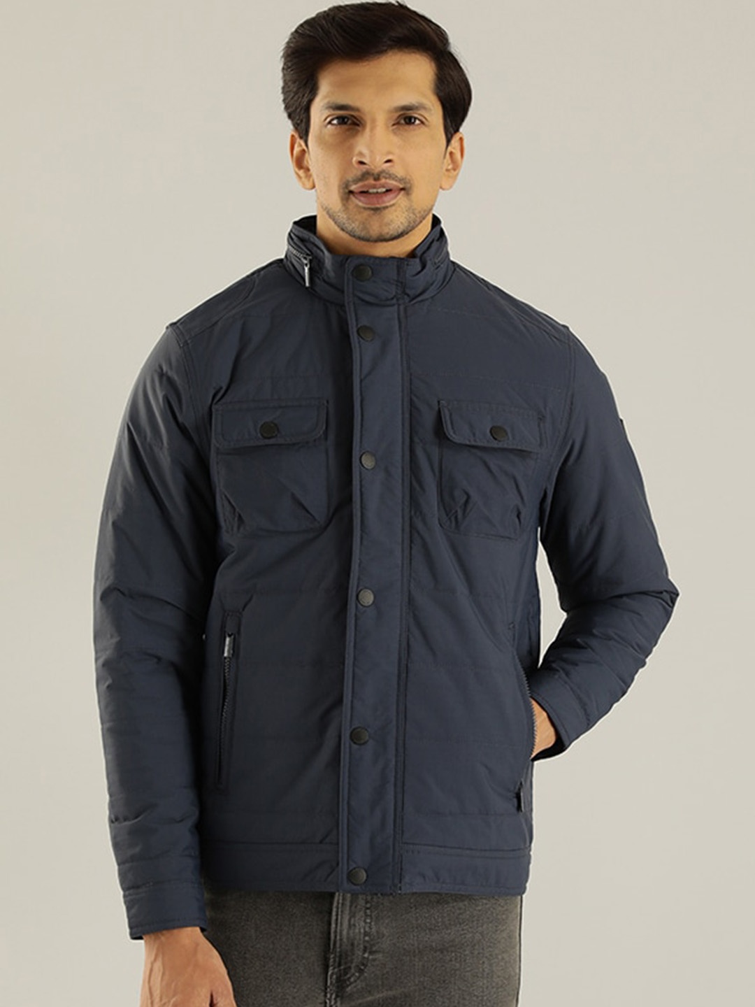 

Indian Terrain Striped Mock Collar Lightweight Padded Jacket, Navy blue