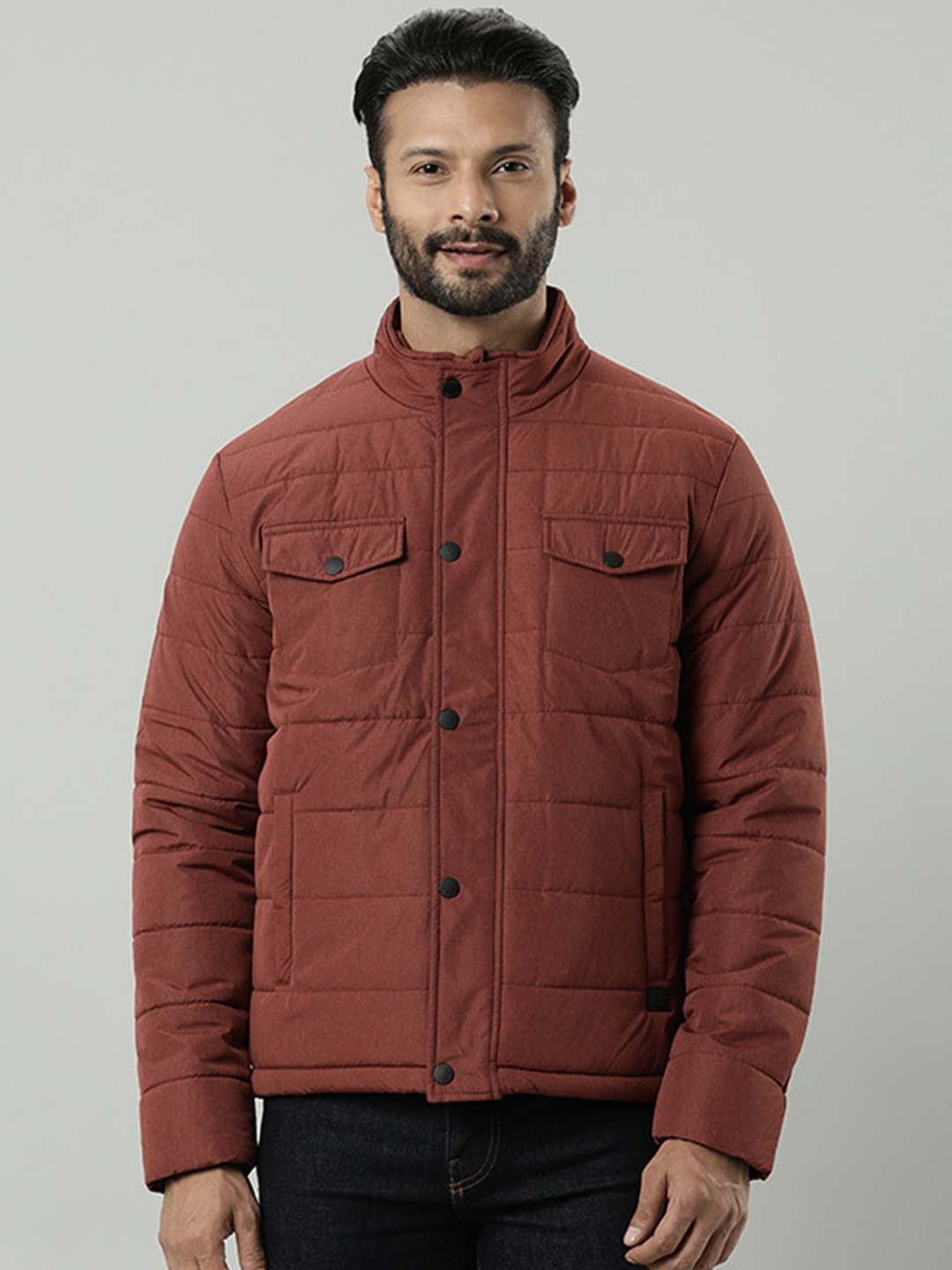 

Indian Terrain Mock Collar Lightweight Puffer Jacket with Embroidered, Red