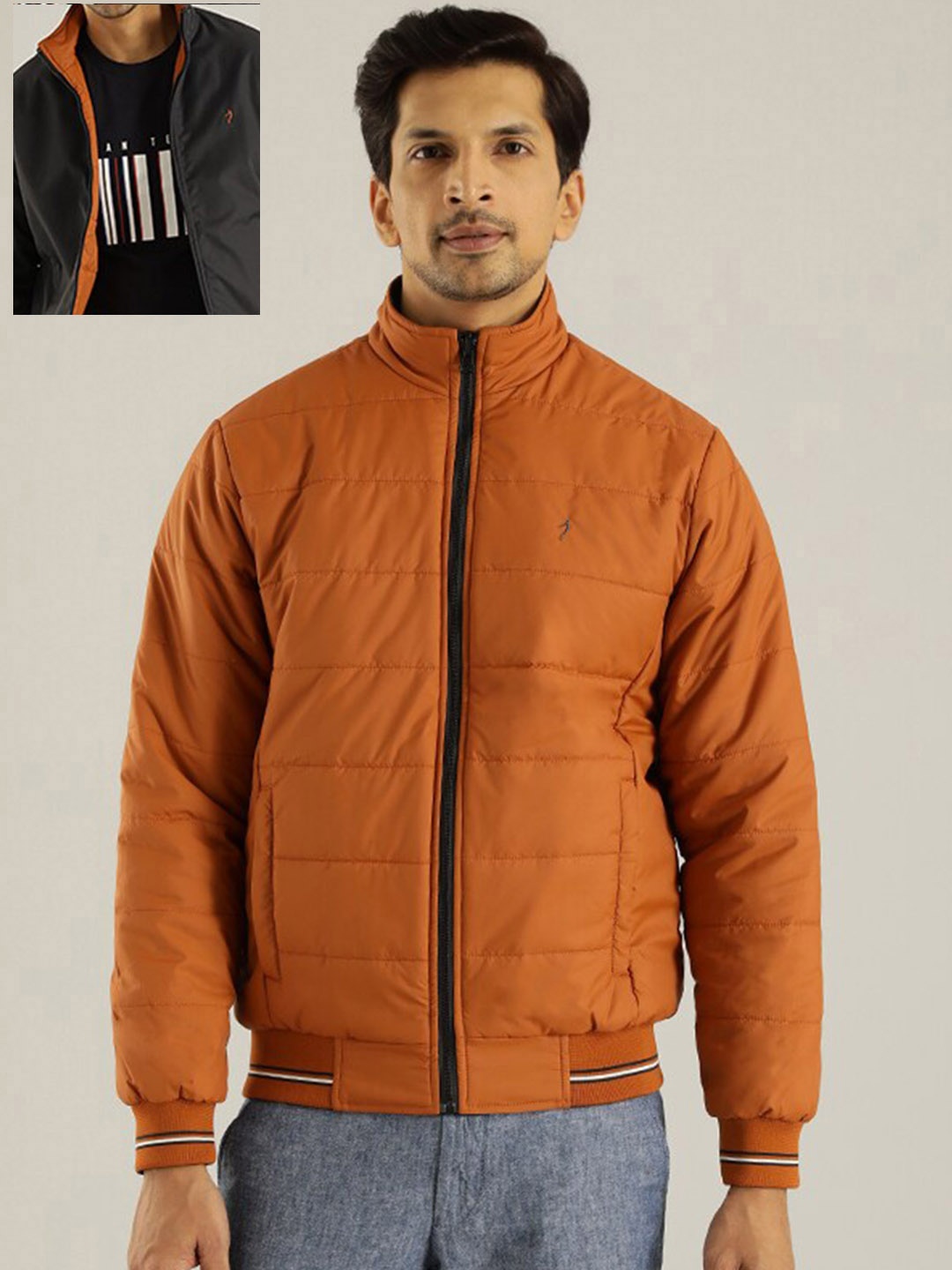 

Indian Terrain Mock Collar Lightweight Reversible Padded Jacket, Navy blue