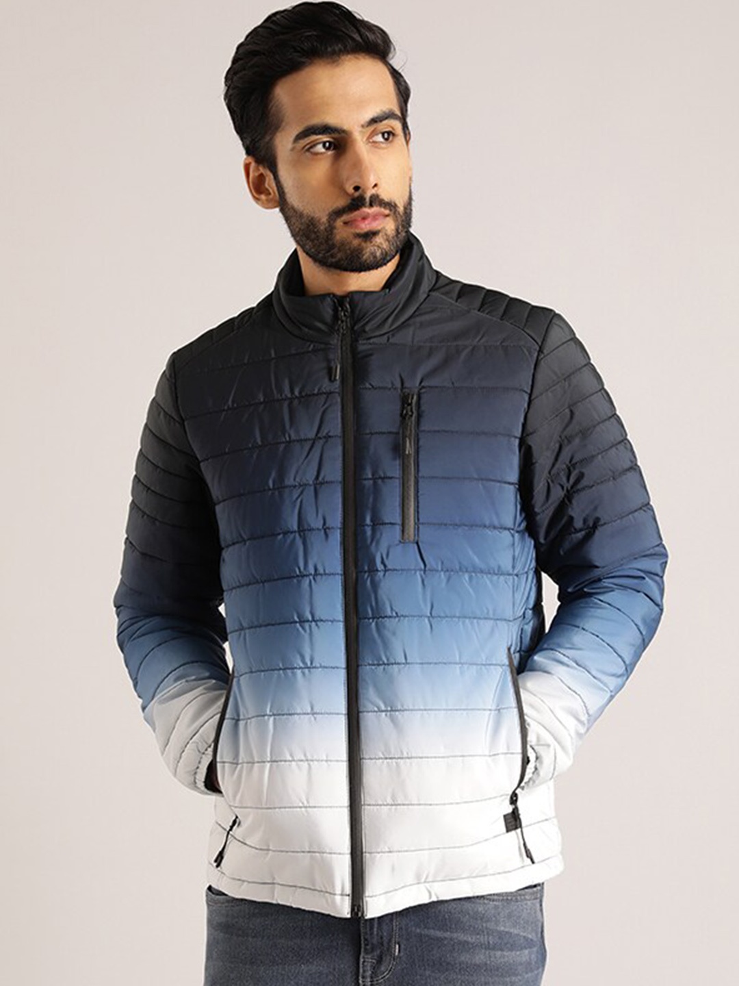 

Indian Terrain Mock Collar Colourblocked Lightweight Puffer Jacket, Blue