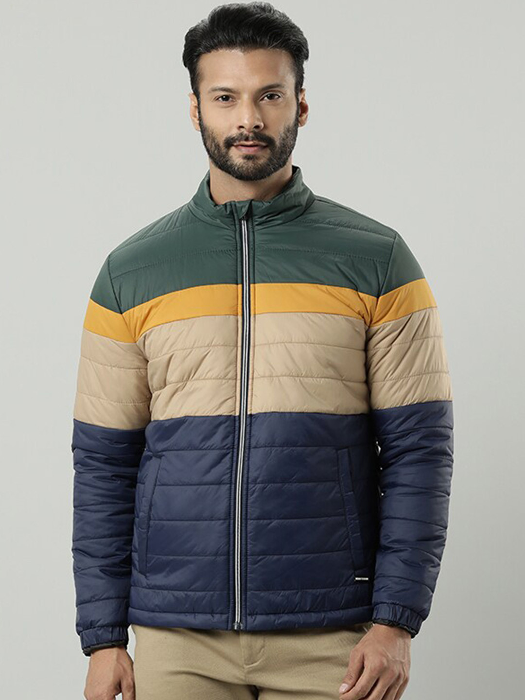 

Indian Terrain Striped Lightweight Mock Collar Puffer Jacket, Green