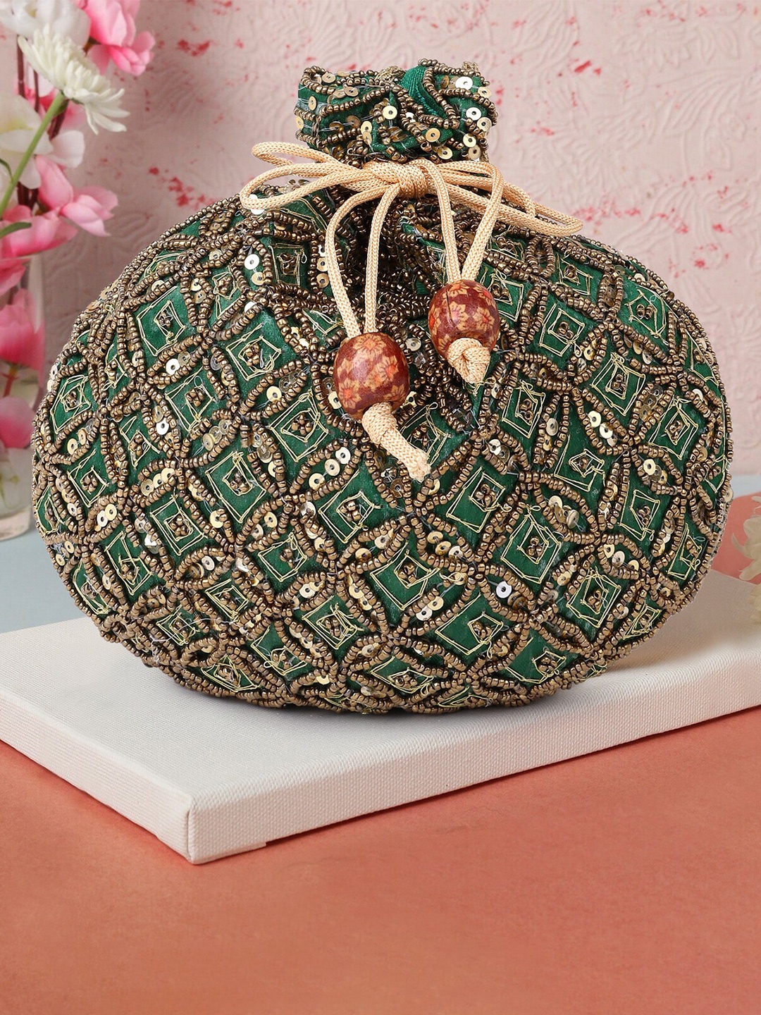 

DN Creation Embellished Potli Clutch, Green