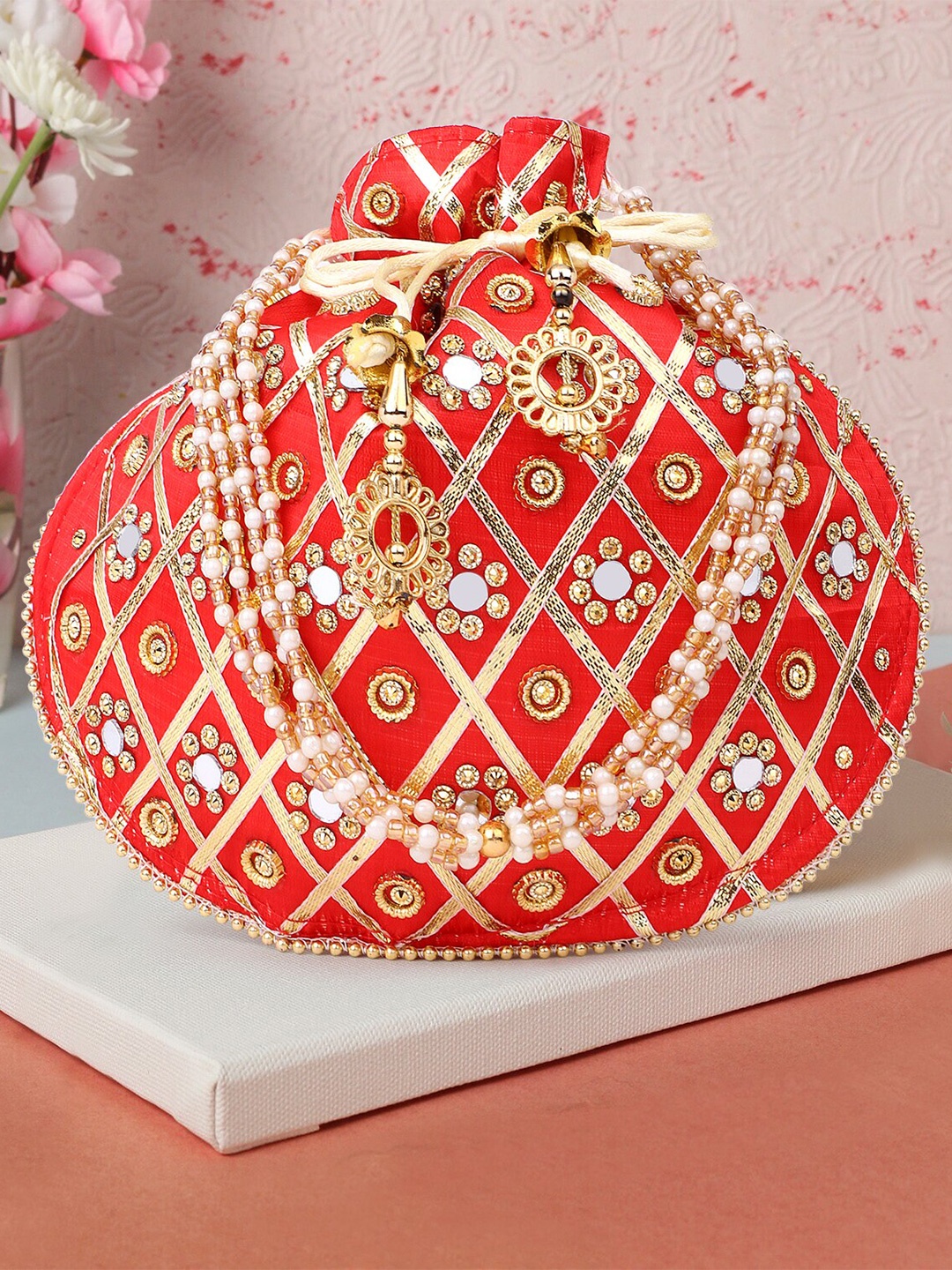 

DN Creation Embellished Embroidered Potli Clutch, Red