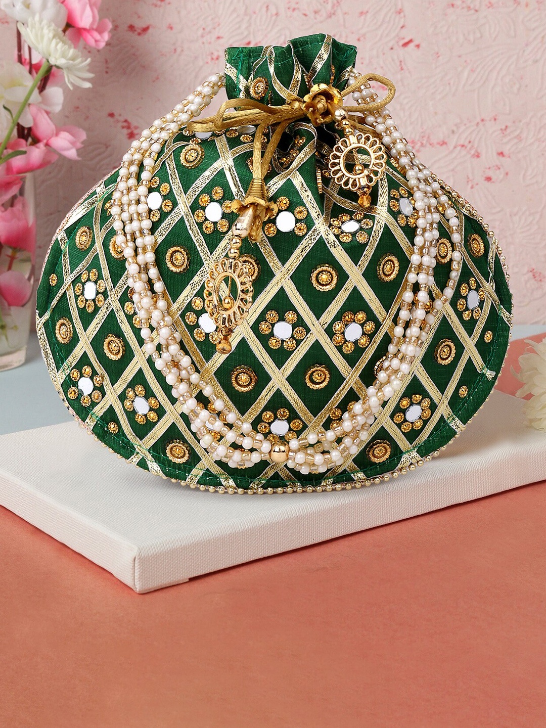 

DN Creation Embellished Embroidered Potli Clutch, Green