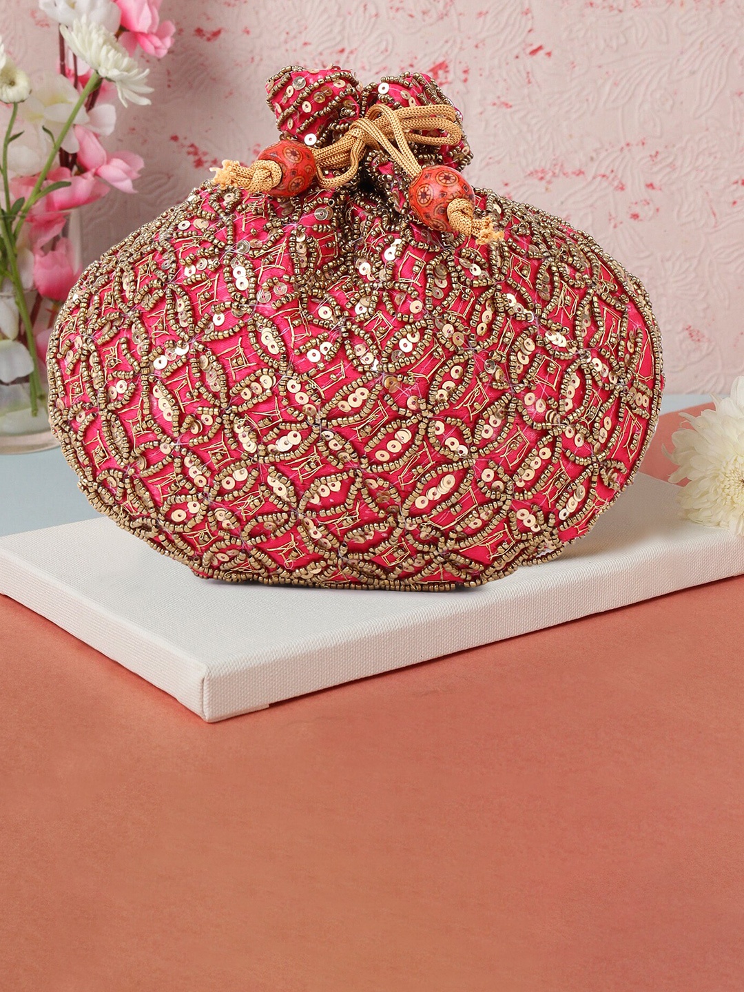 

DN Creation Embellished Potli Clutch, Pink