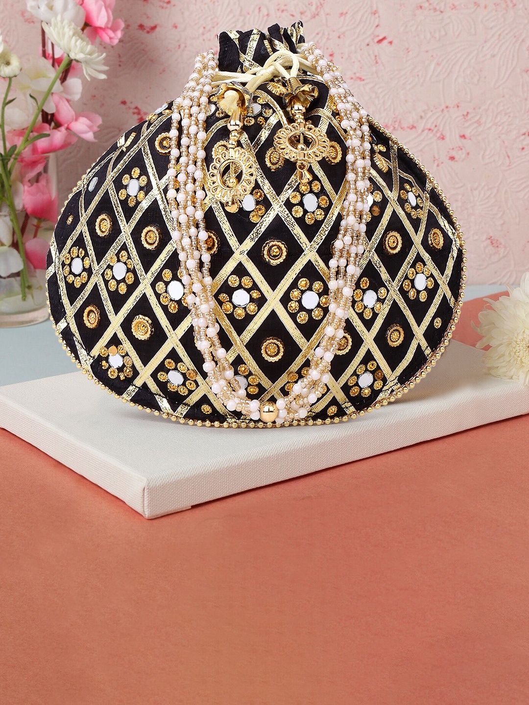 

DN Creation Embellished Embroidered Potli Clutch, Black
