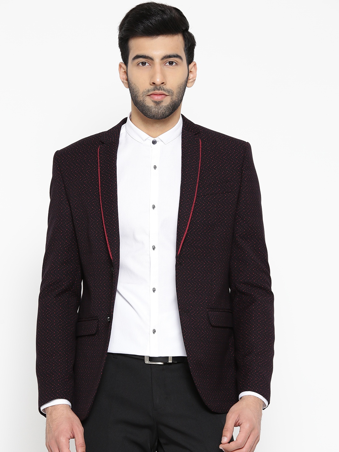 

Blackberrys Black & Maroon Printed Slim Fit Single-Breasted Smart Casual Blazer