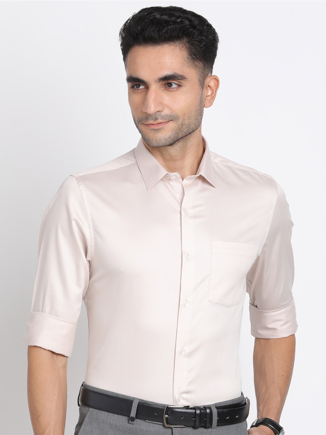 

Turtle Men Modern Slim Fit Spread Collar Pure Cotton Formal Shirt, Beige