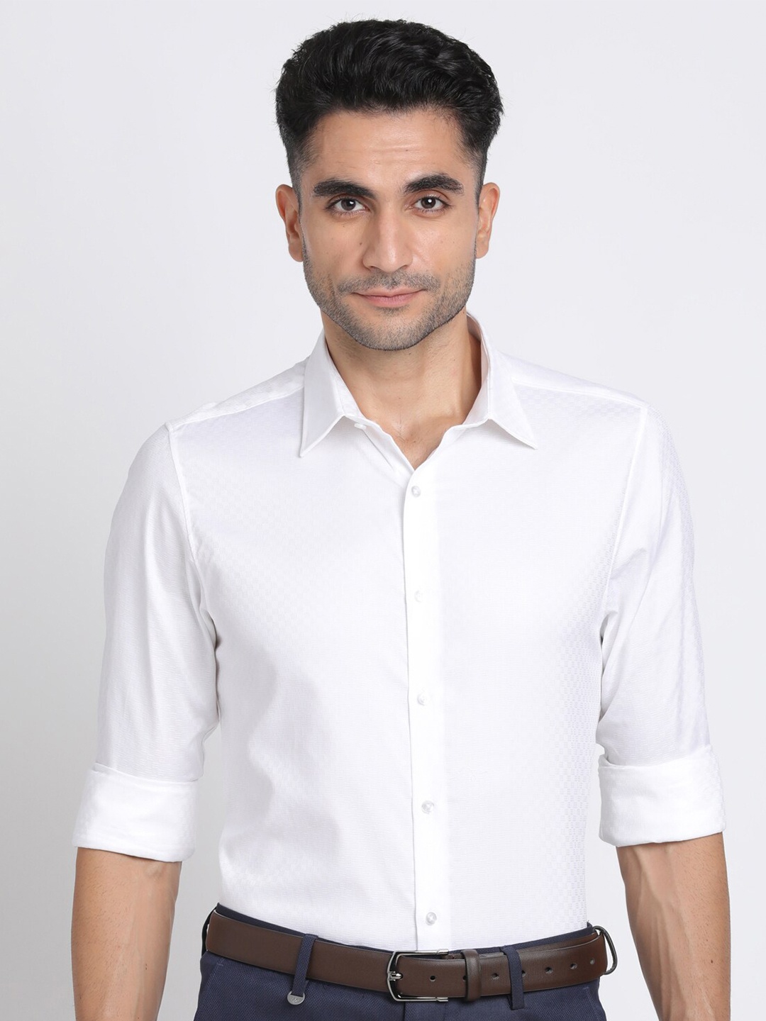 

Turtle Men Premium Self Design Slim Fit Spread Collar Cotton Party Shirt, White
