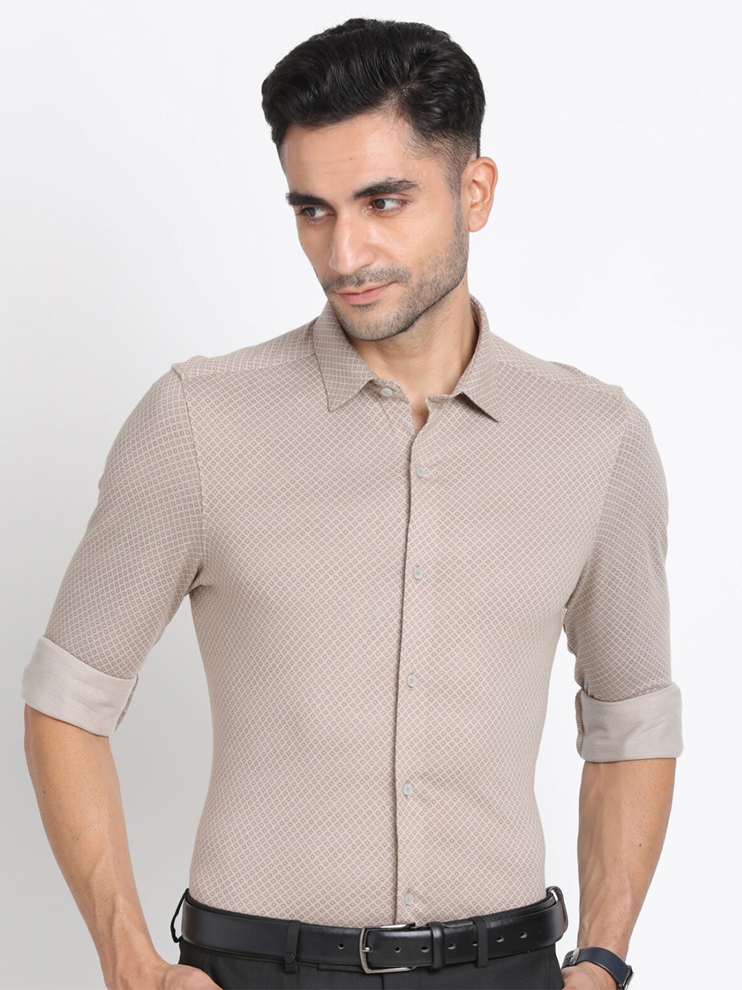 

Turtle Modern Slim Fit Micro Ditsy Printed Cotton Formal Shirt, Beige