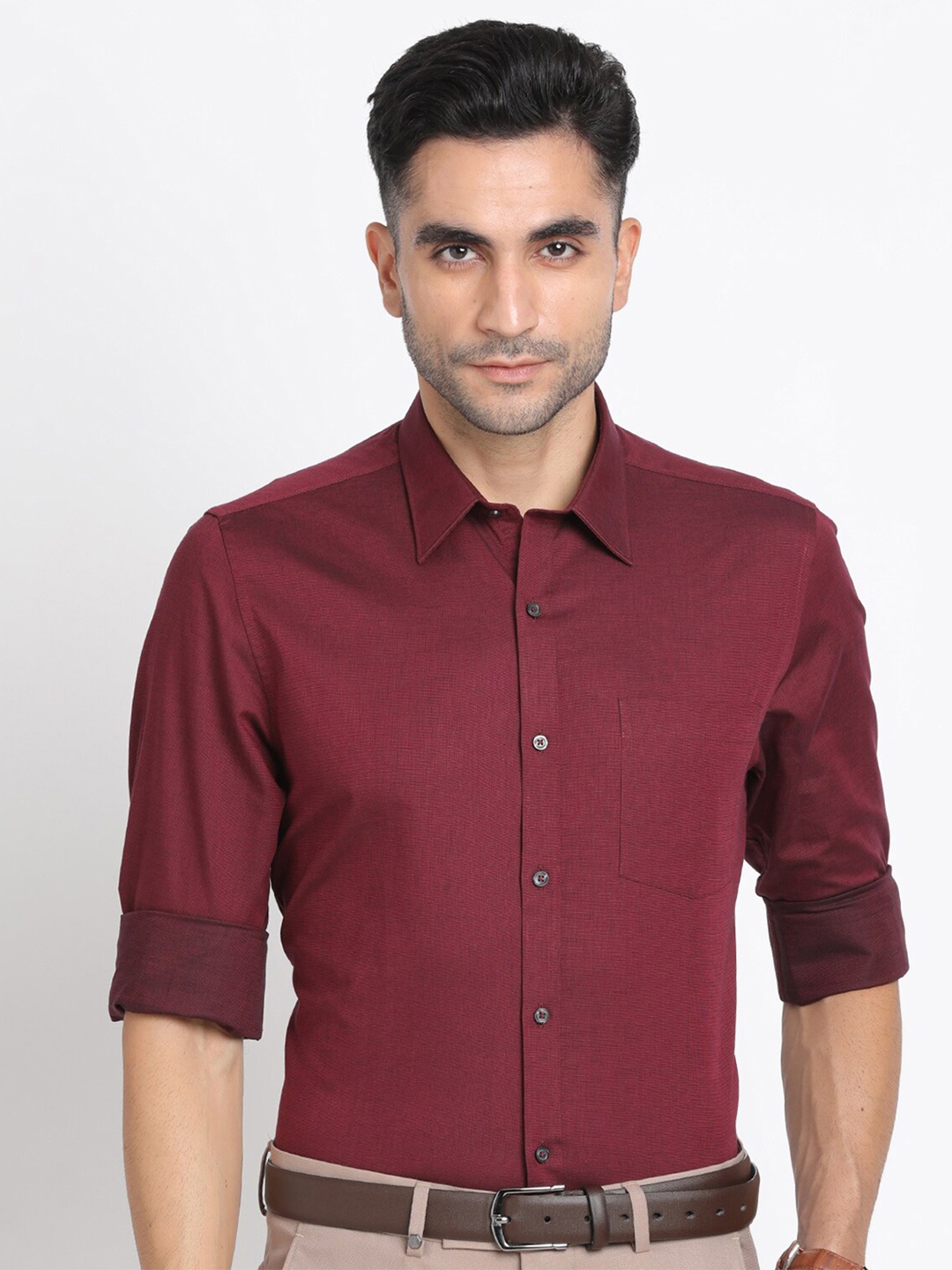 

Turtle Modern Slim Fit Spread Collar Pure Cotton Formal Shirt, Maroon