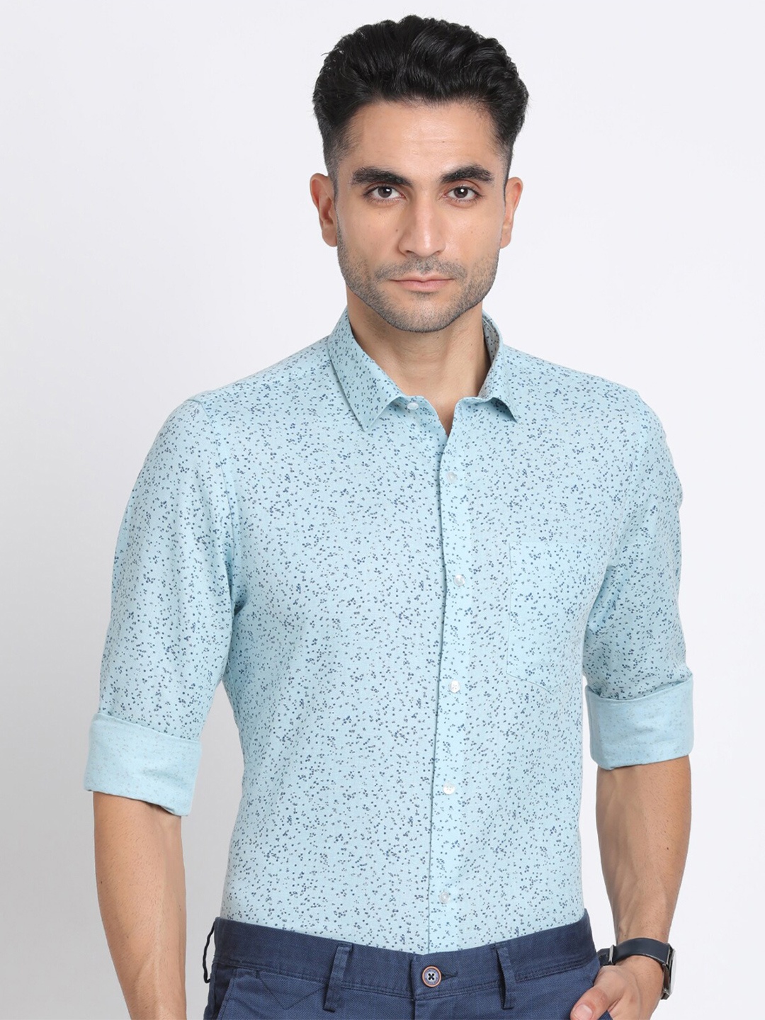 

Turtle Micro Ditsy Printed Modern Slim Fit Cotton Linen Formal Shirt, Blue