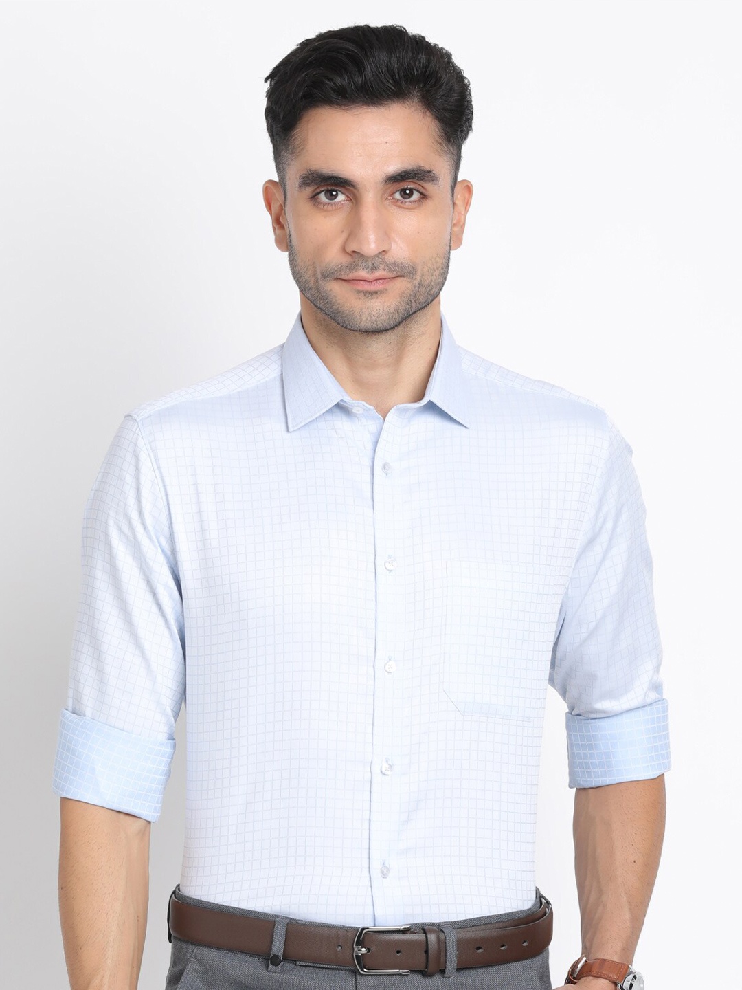

Turtle Modern Slim Fit Micro Checked Pure Cotton Formal Shirt, Blue