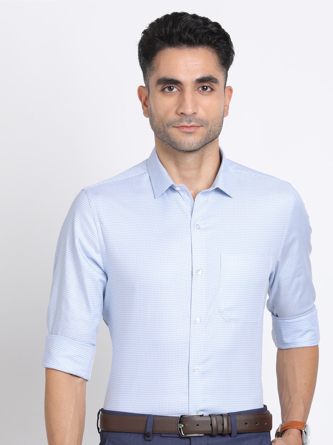 

Turtle Checked Modern Slim Fit Pure Cotton Formal Shirt, Blue