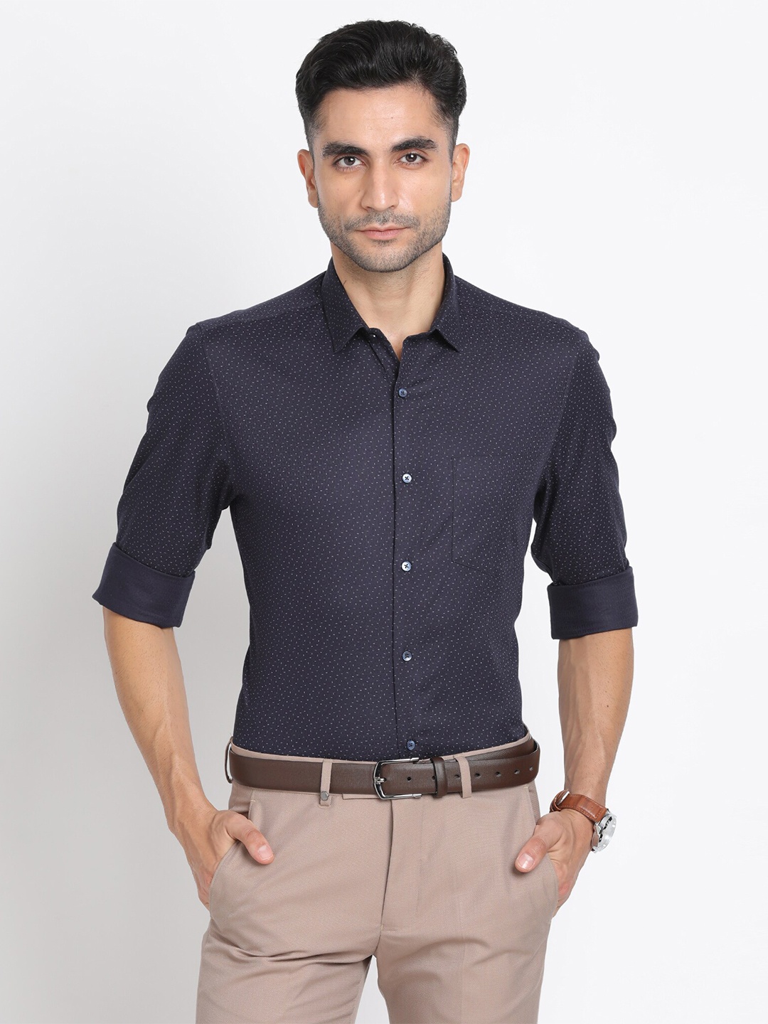 

Turtle Modern Slim Fit Micro Ditsy Printed Pure Cotton Formal Shirt, Navy blue