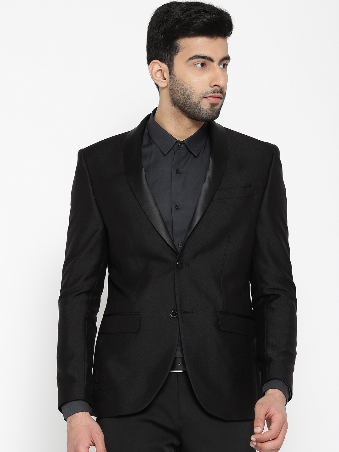 

Blackberrys Black Self-Design Slim Fit Tuxedo Blazer