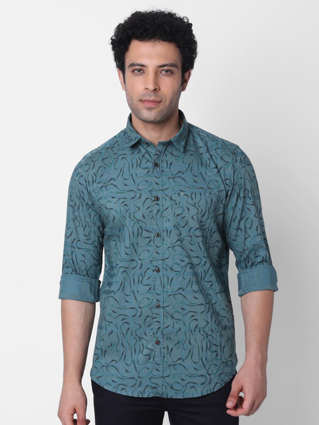 

MOZZO Classic Slim Fit Abstract Printed Cotton Casual Shirt, Olive