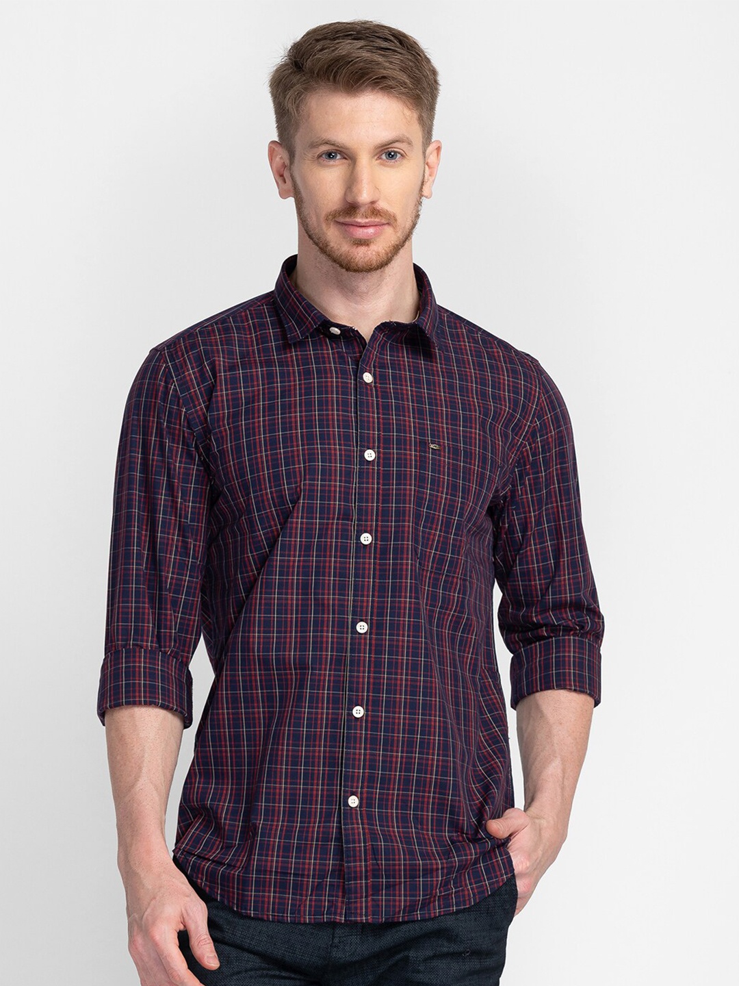 

MOZZO Classic Slim Fit Checked Cotton Casual Shirt, Navy blue