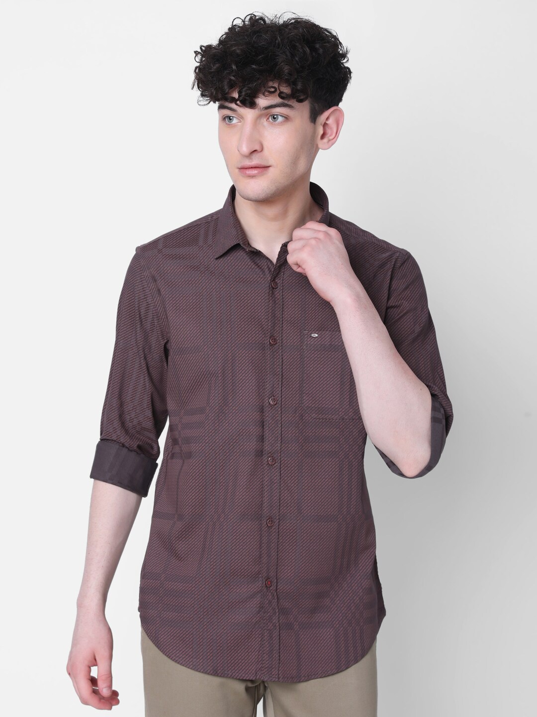 

MOZZO Men Classic Slim Fit Checked Cotton Casual Shirt, Maroon