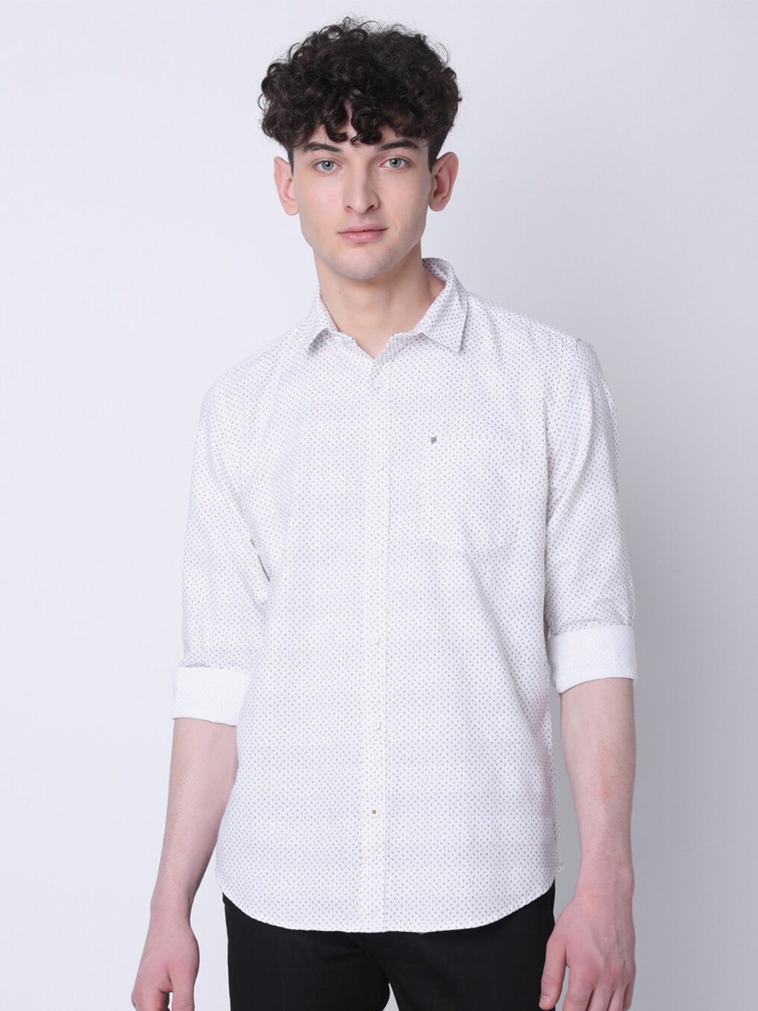 

MOZZO Men Classic Slim Fit Printed Cotton Casual Shirt, White
