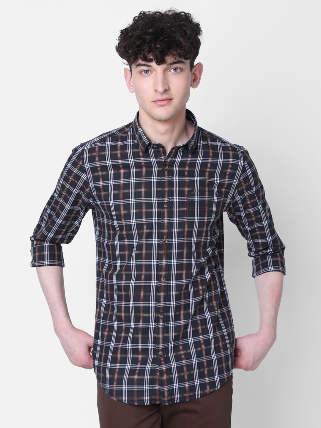

MOZZO Men Classic Slim Fit Tartan Checked Cotton Casual Shirt, Navy blue