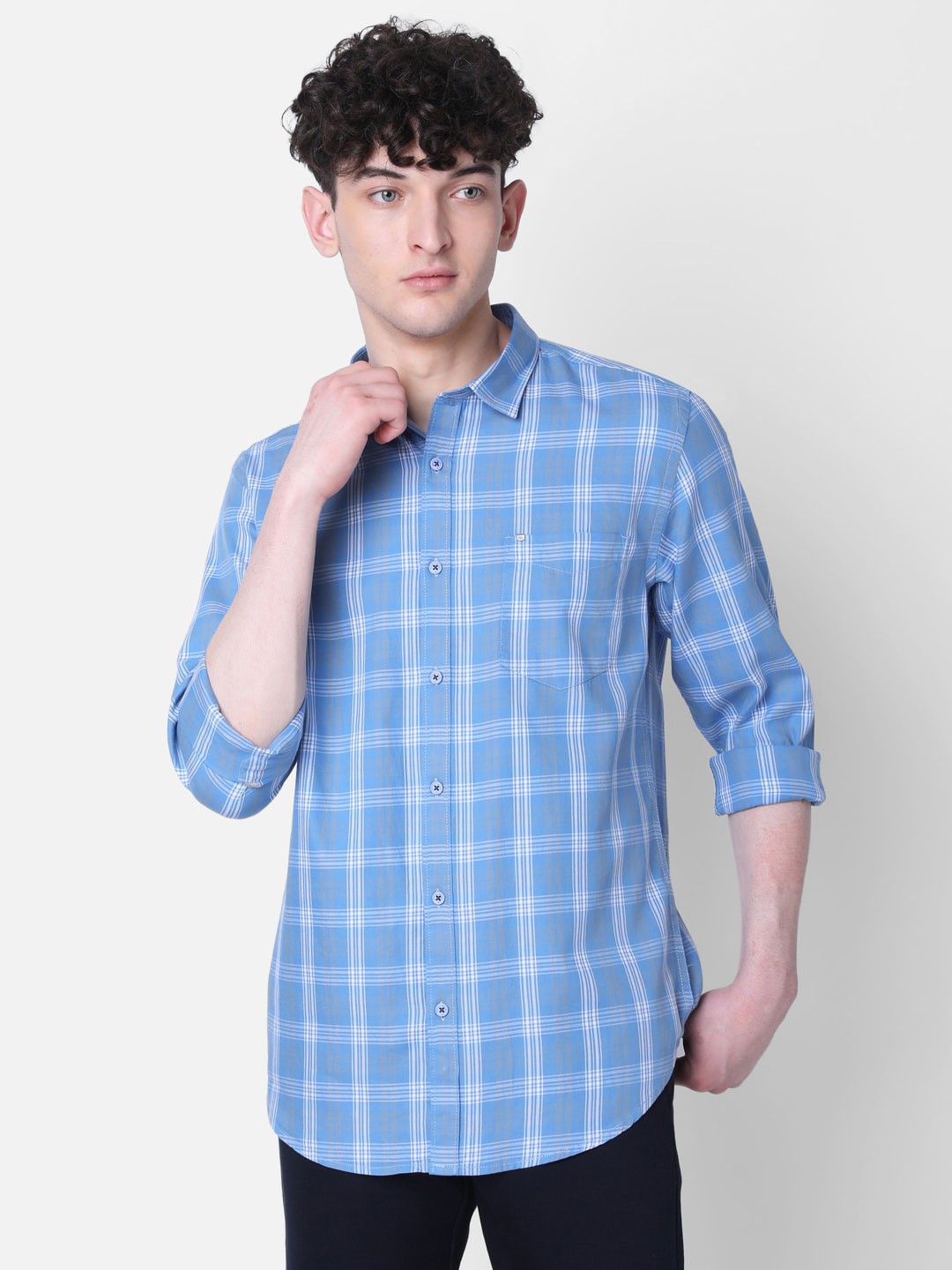 

MOZZO Men Classic Slim Fit Checked Cotton Casual Shirt, Blue