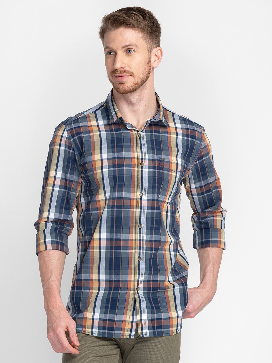 

MOZZO Classic Regular Fit Tartan Checks Checked Cotton Casual Shirt, Navy blue