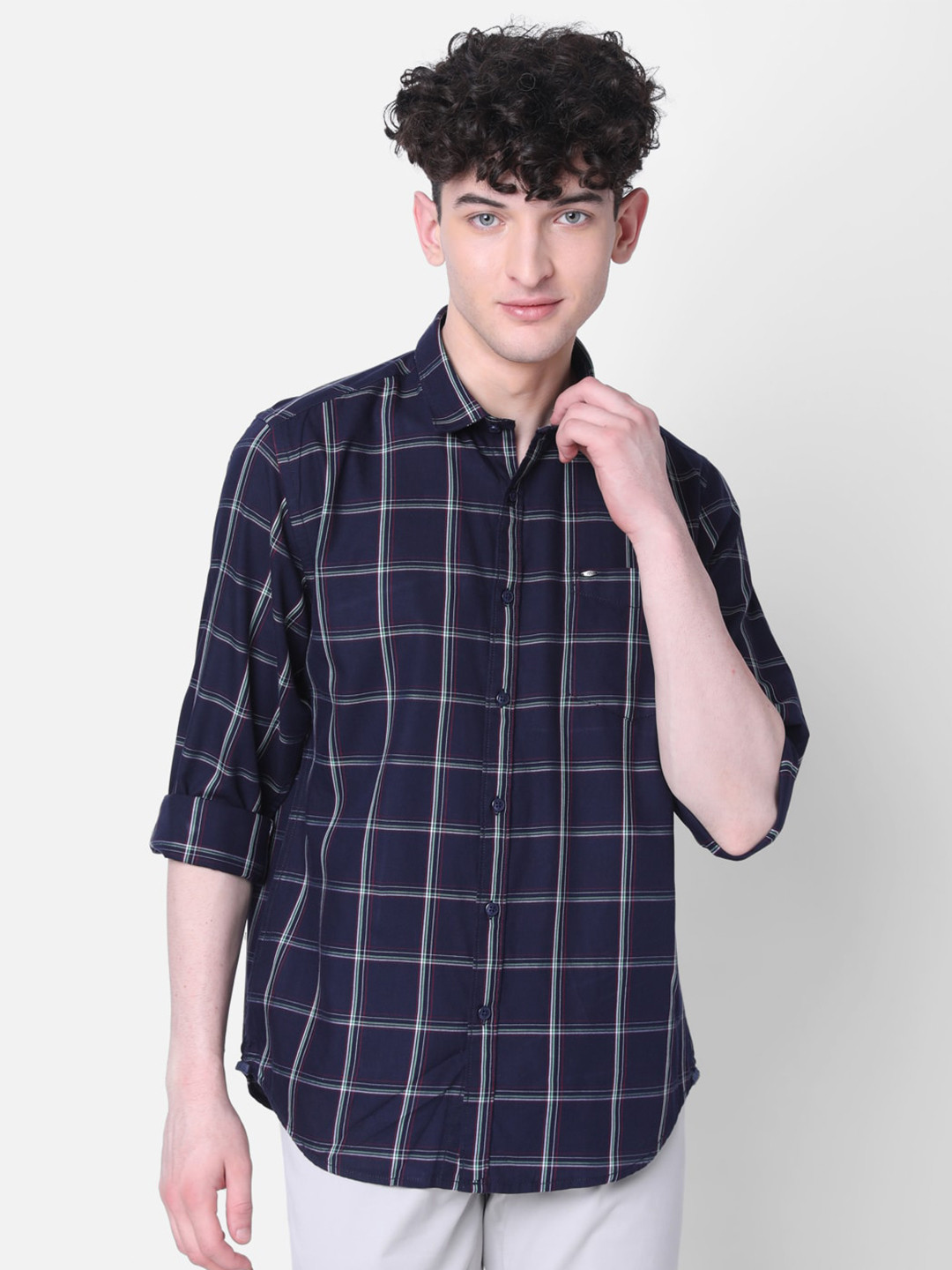 

MOZZO Men Classic Slim Fit Windowpane Checked Cotton Casual Shirt, Navy blue
