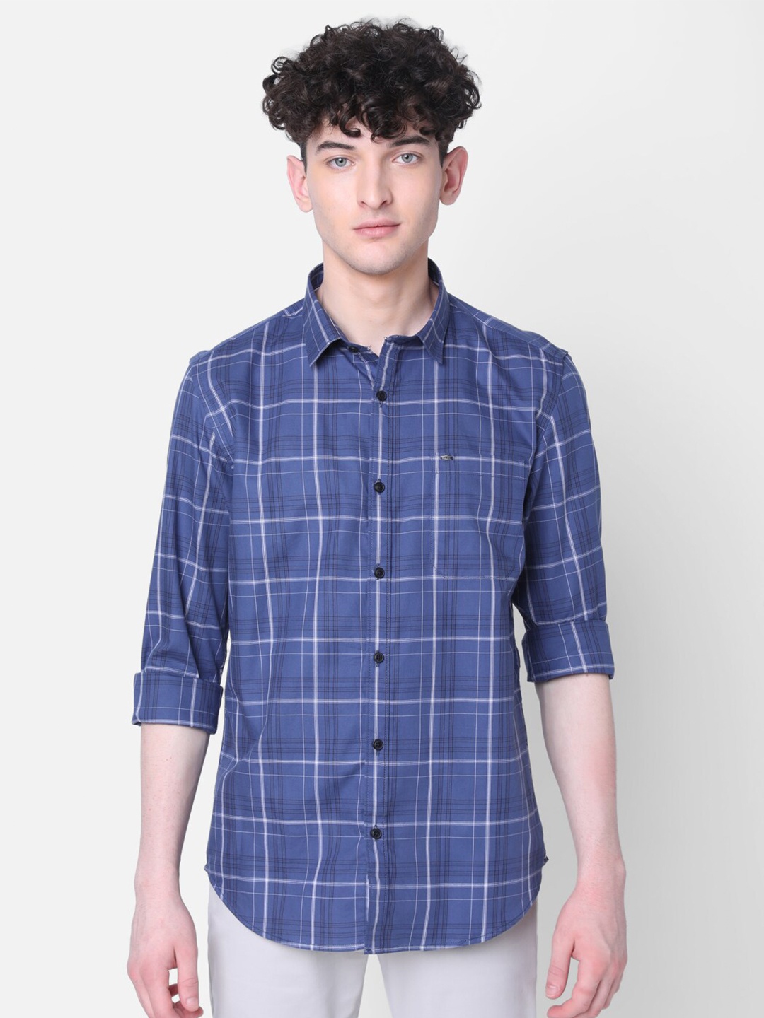 

MOZZO Classic Slim Fit Windowpane Checks Opaque Checked Cotton Shirt, Blue