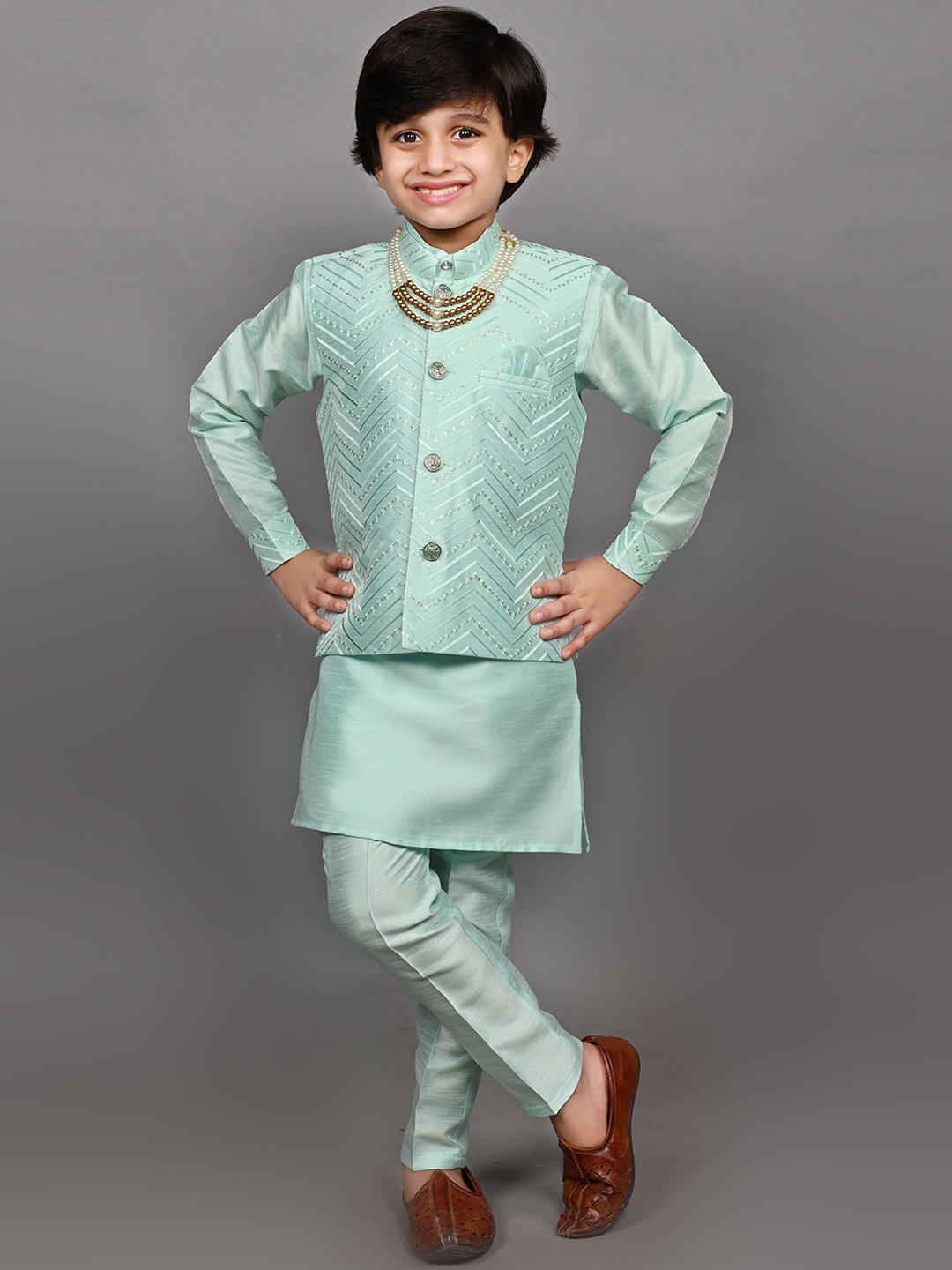 

ahhaaaa Boys 3-Piece Self-Design Indo-Western Sherwani Set, Turquoise blue