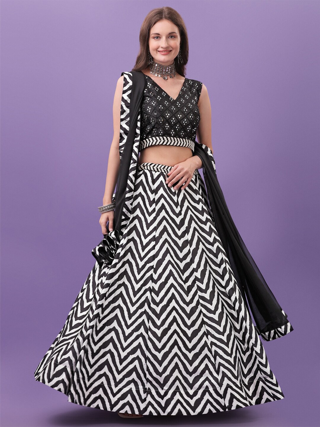 

KALINI Embroidered Mirror Work Semi Stitched Lehenga & Unstitched Blouse With Dupatta, Black