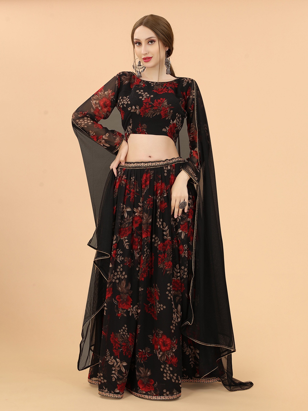 KALINI Floral Printed Ready to Wear Lehenga & Blouse With Dupatta, Black