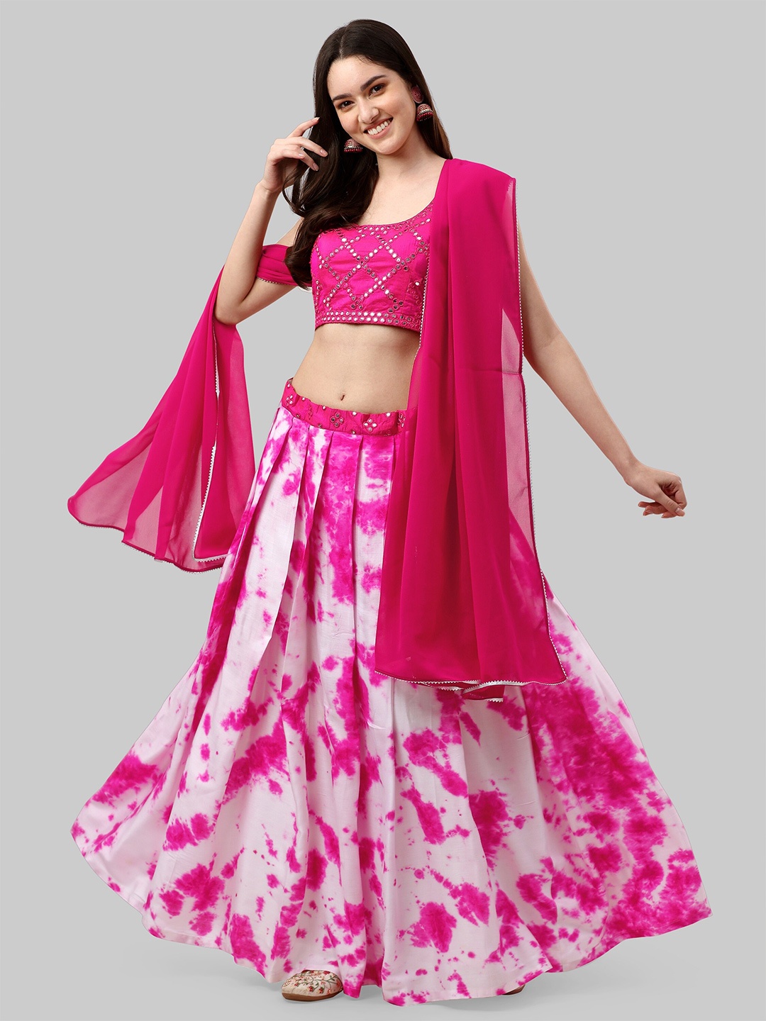 

KALINI Embroidered Mirror Work Shibori Ready to Wear Lehenga & Blouse With Dupatta, Pink