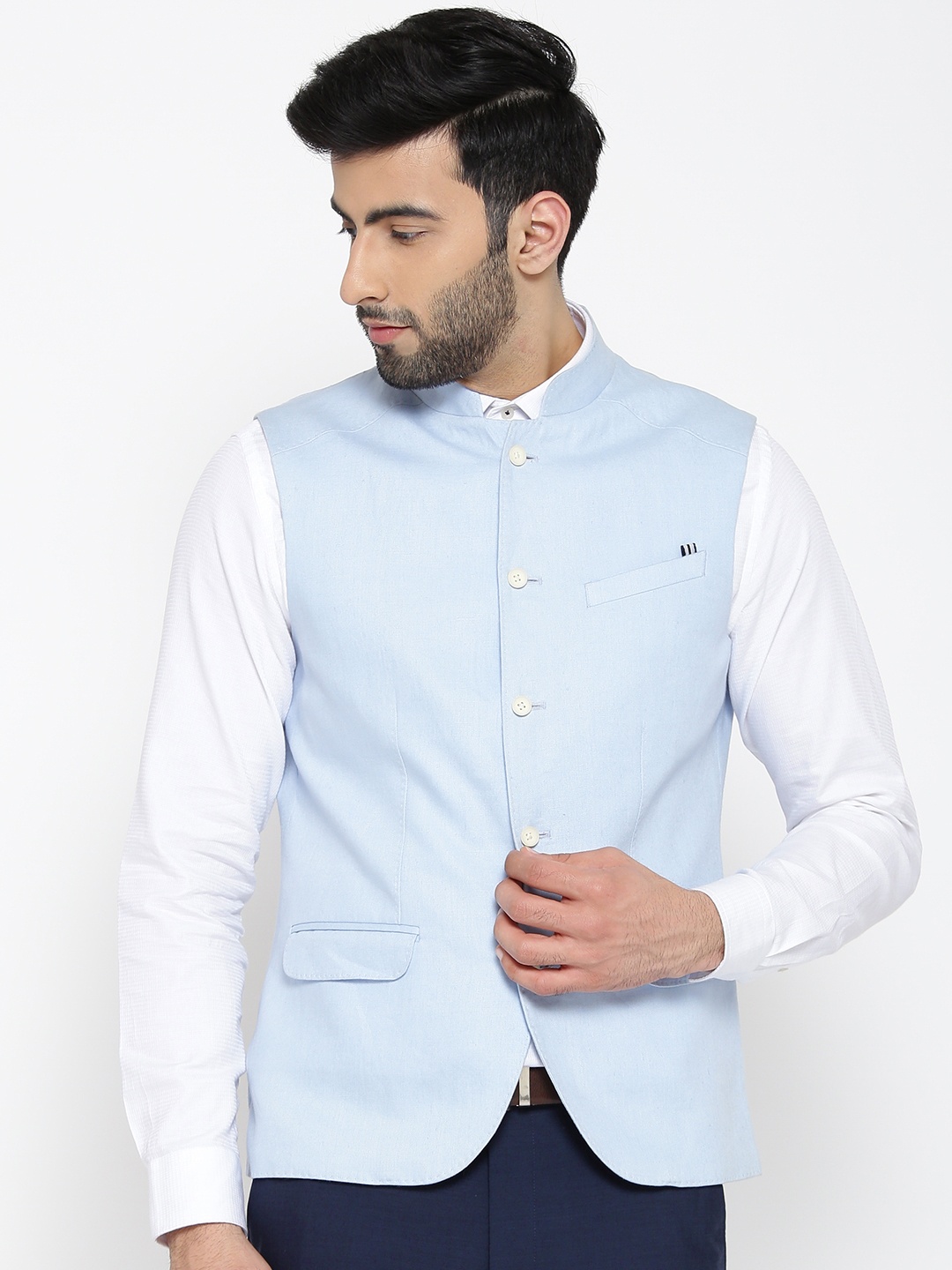 

Blackberrys Blue Slim Fit Linen Nehru Jacket