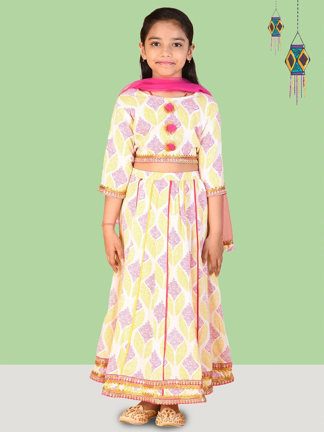 

Kids On Board Girls Printed Ready to Wear Cotton Lehenga & Blouse With Dupatta, Pink