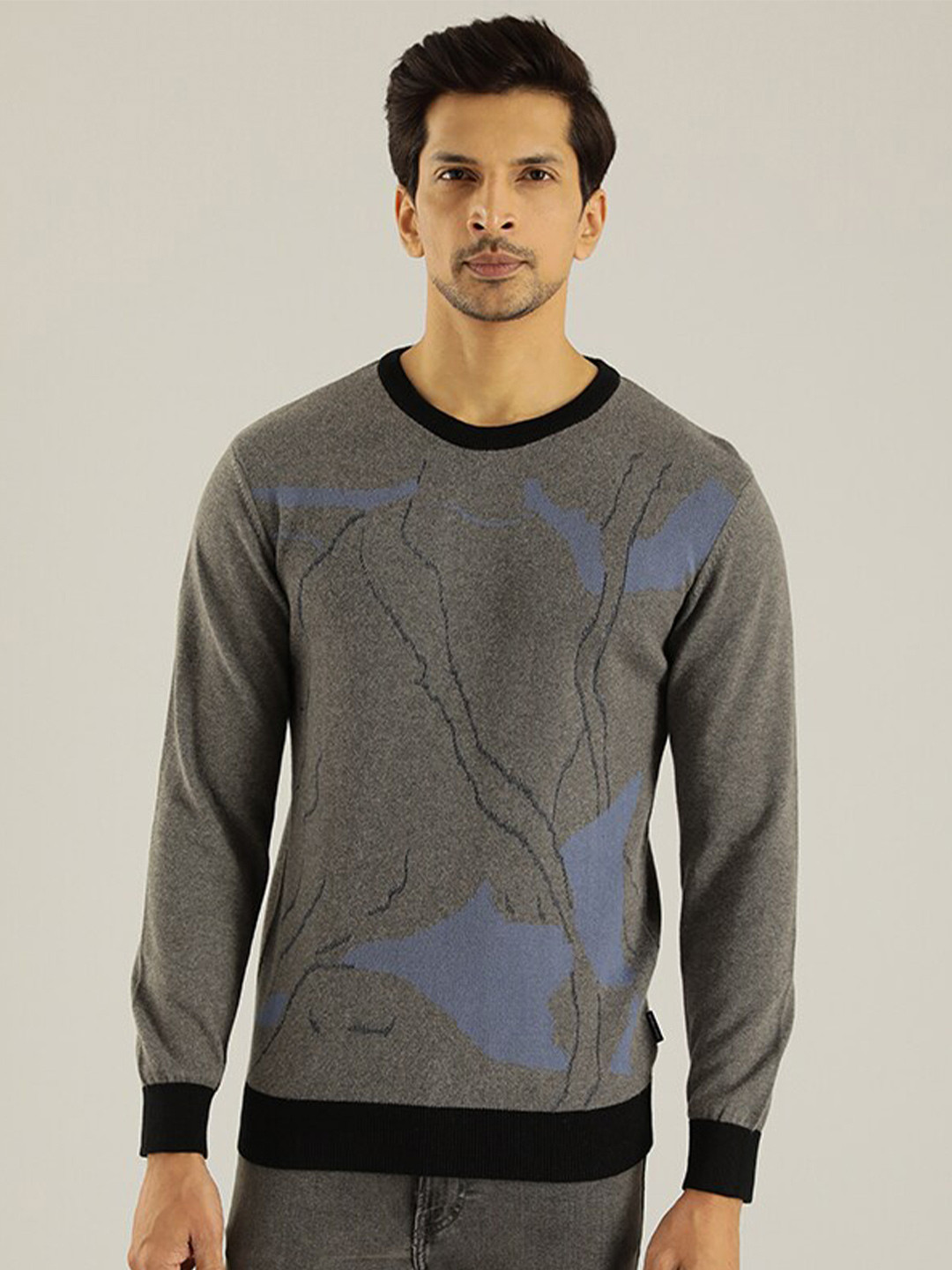 

Indian Terrain Abstract Printed Pure Cotton Pullover, Grey melange