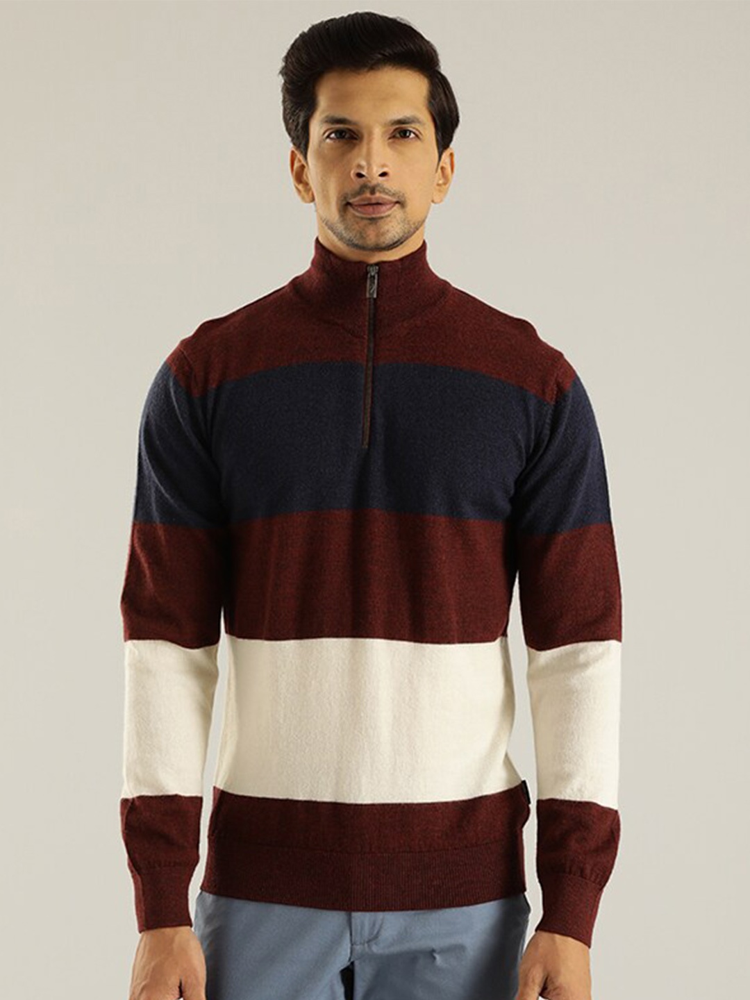 

Indian Terrain Colourblocked Mock Collar Woollen Cardigan, Maroon