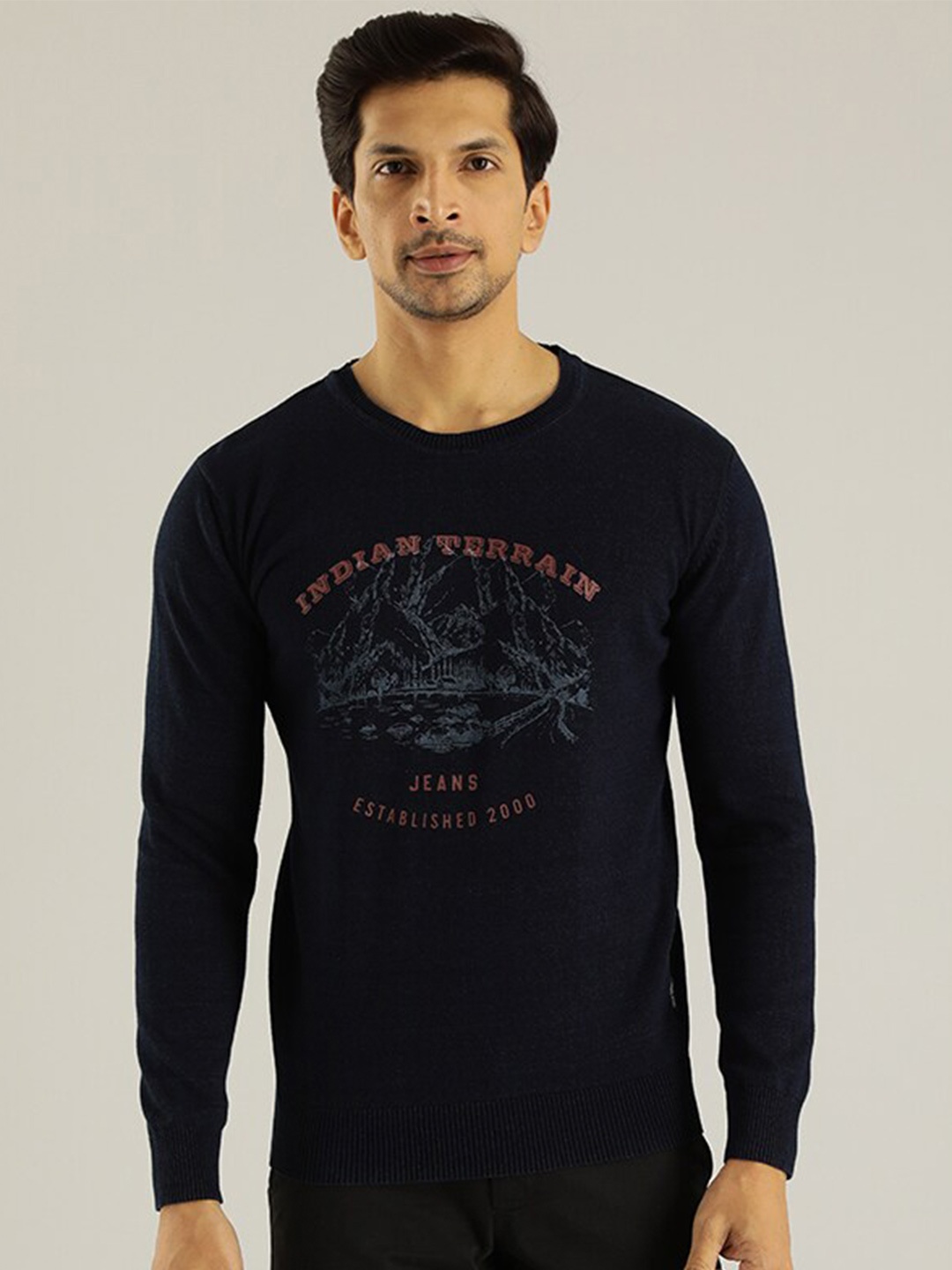 

Indian Terrain Typography Printed Pure Cotton Pull Over Sweatshirt, Navy blue