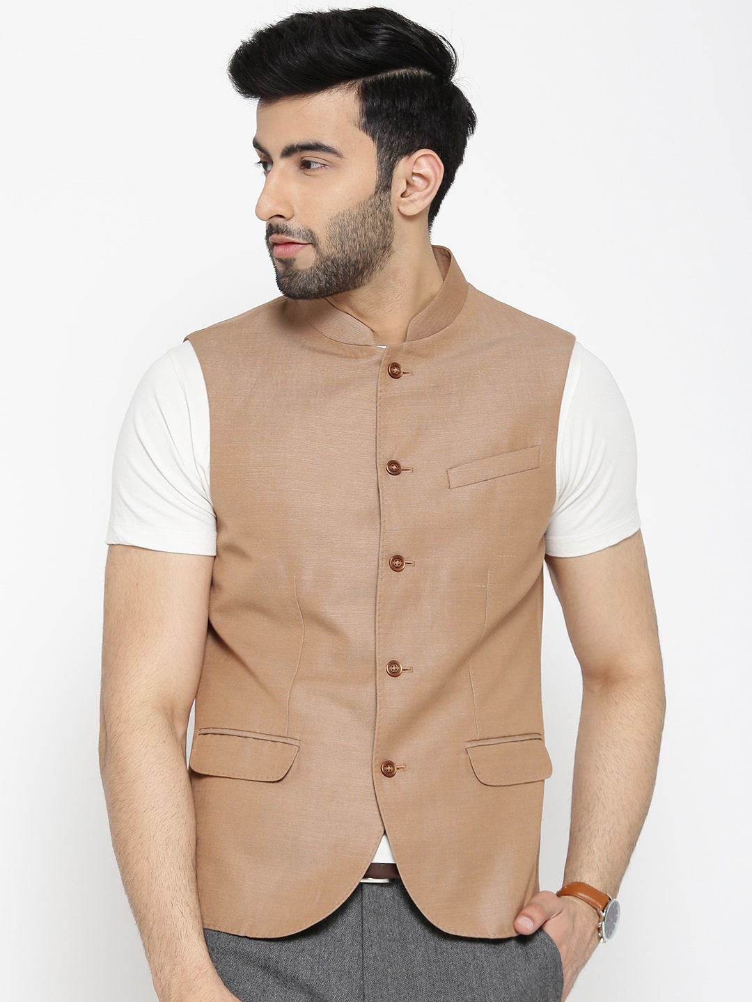 

Blackberrys Brown Solid Slim Fit Nehru Jacket