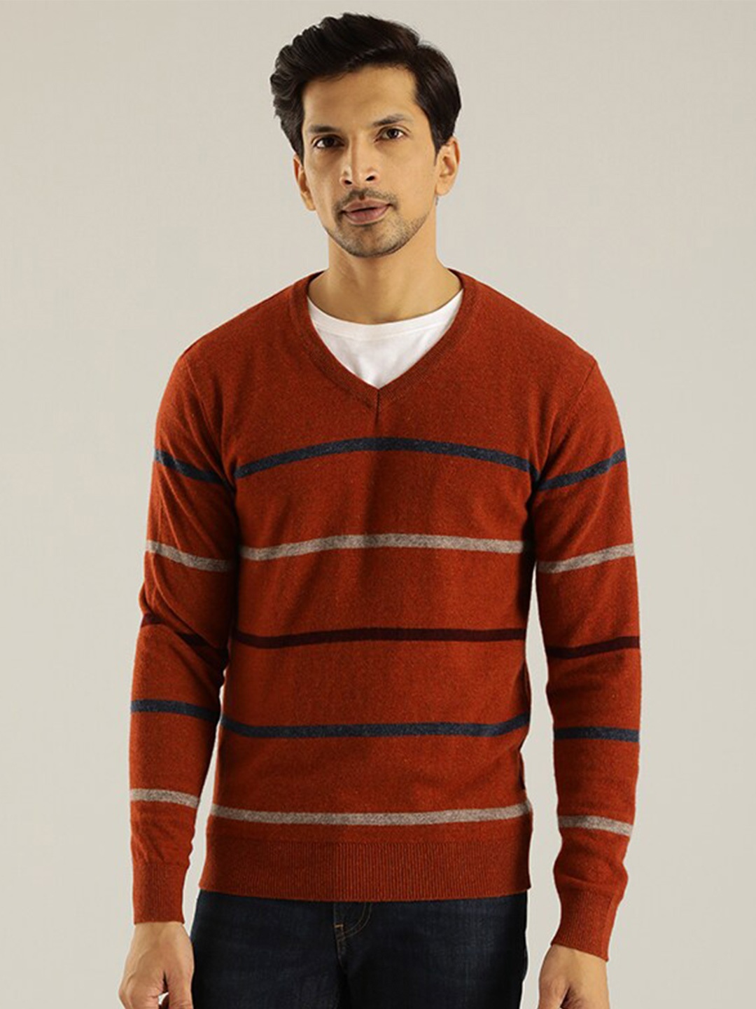 

Indian Terrain Striped V-Neck Cotton Sweatshirt, Rust