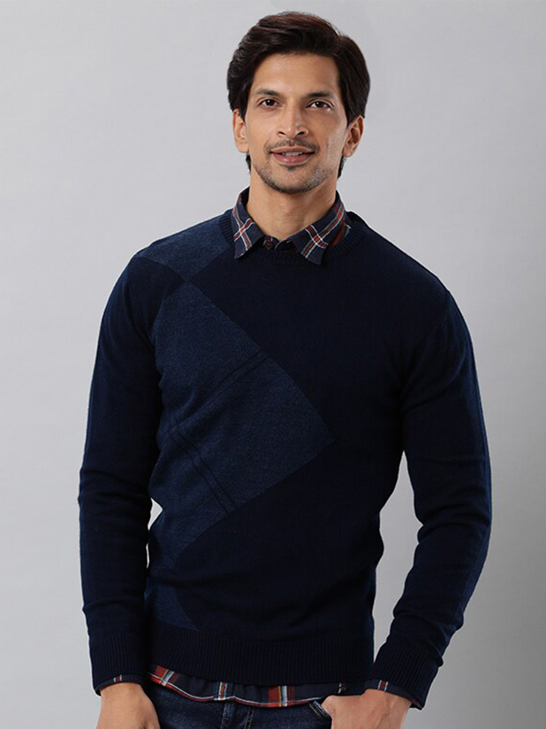 

Indian Terrain Checked Acrylic Pullover Sweaters, Navy blue
