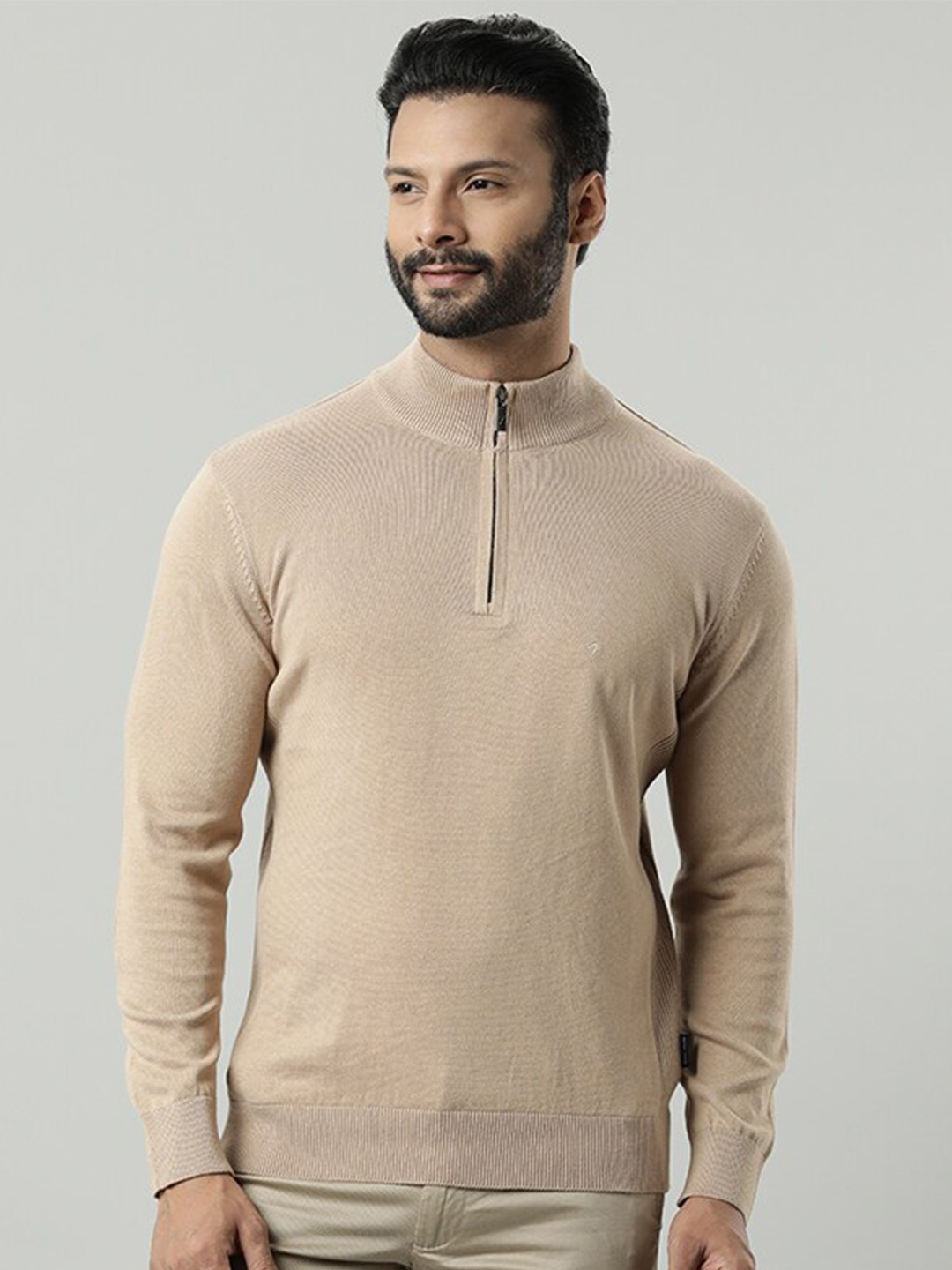

Indian Terrain Mock Collar Pure Cotton Pullover, Beige
