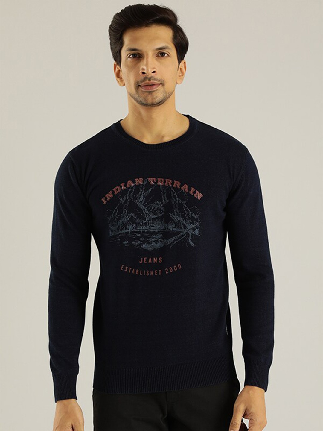 

Indian Terrain Typography Printed Pure Cotton Pullover, Navy blue