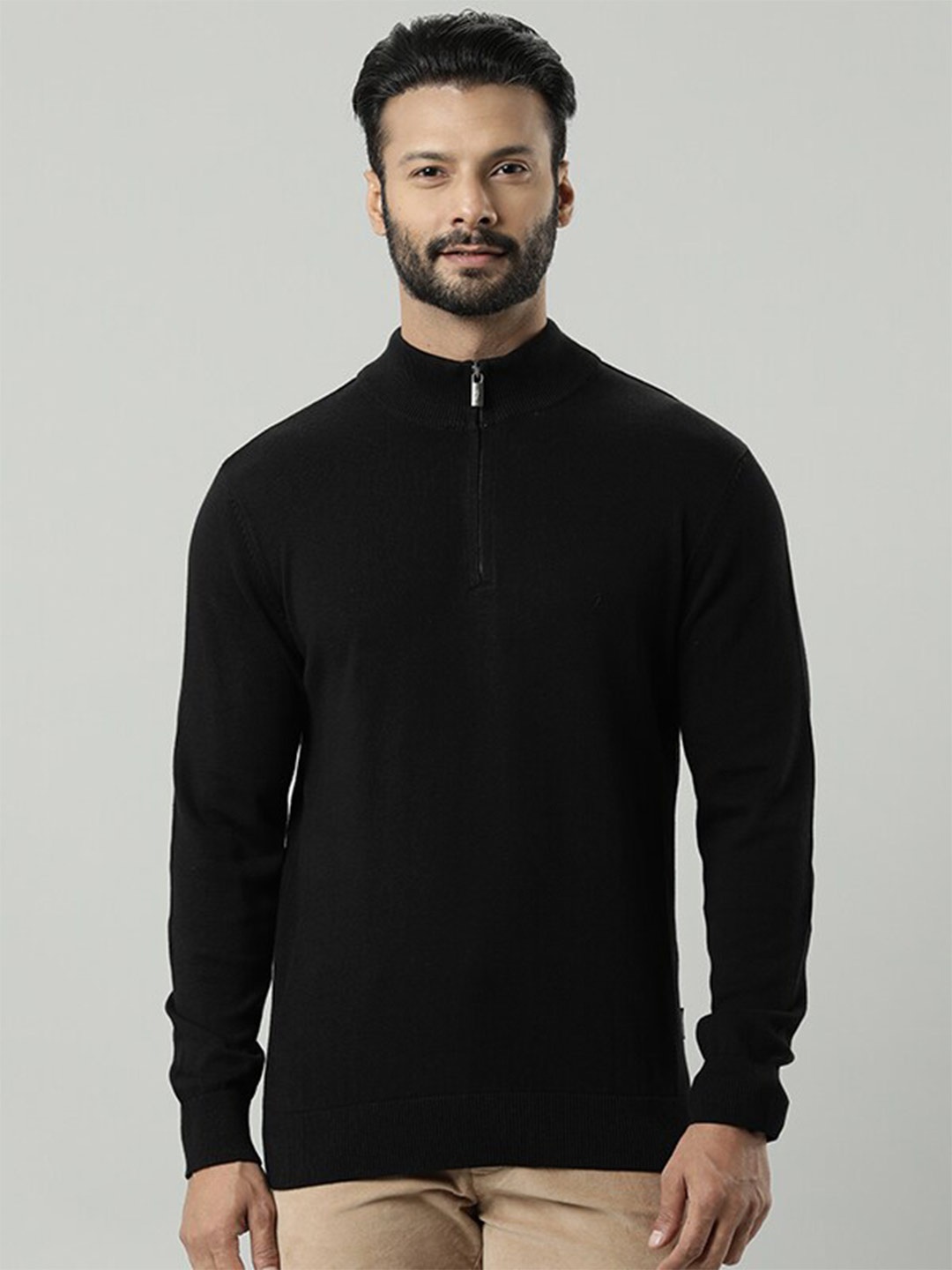 

Indian Terrain High Neck Open Front Cotton Sweater, Black