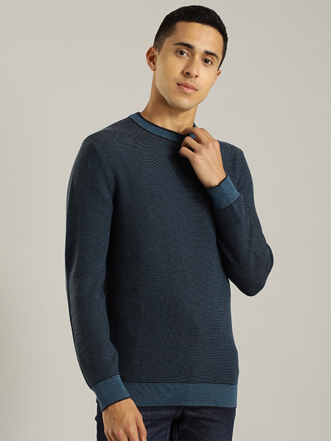 

Indian Terrain Ribbed Long Sleeves Pullover Pure Cotton Sweatshirt, Navy blue