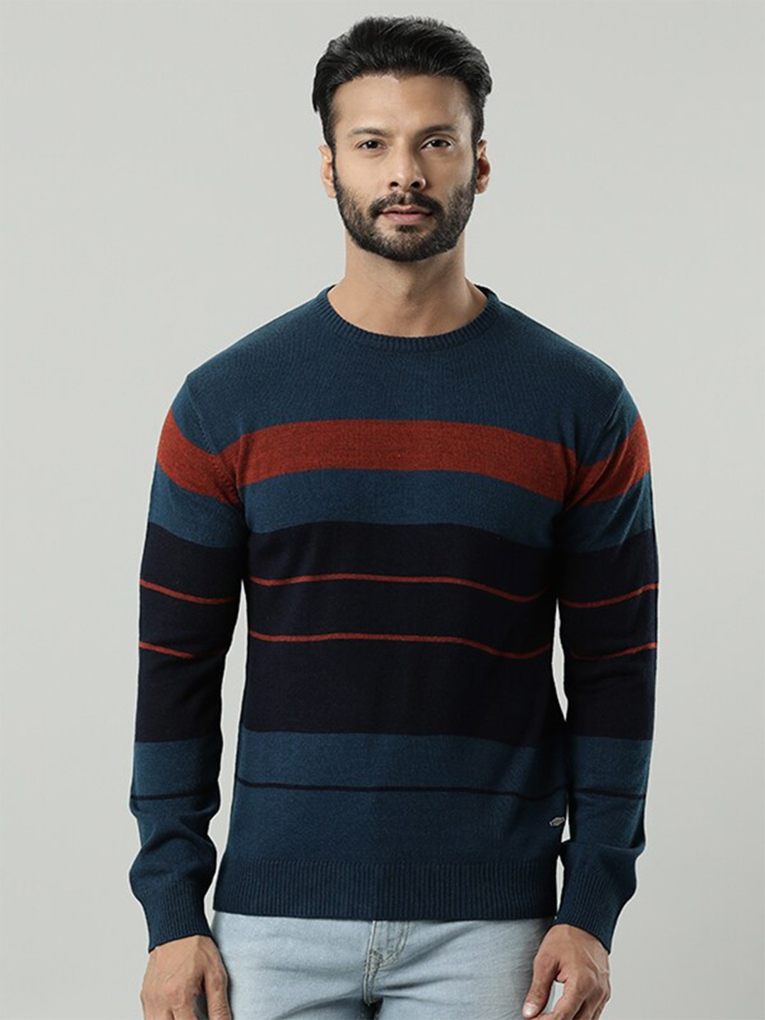 

Indian Terrain Striped Round Neck Ribbed Pullover, Blue