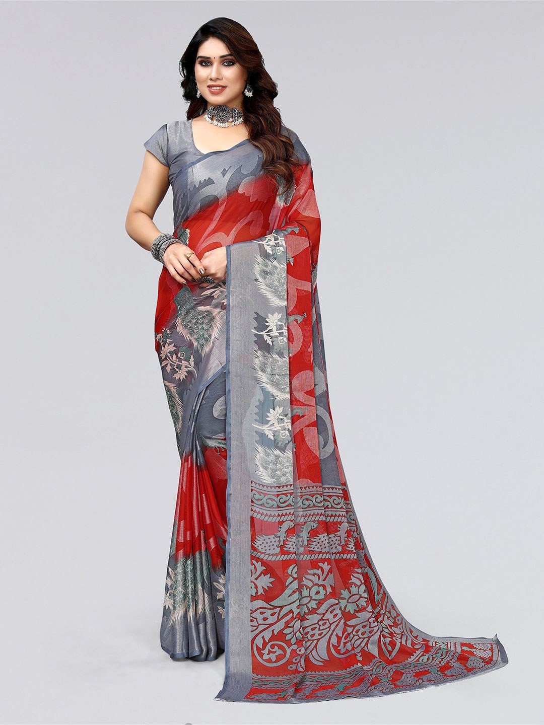 

KALINI Floral Printed Brasso Saree, Red