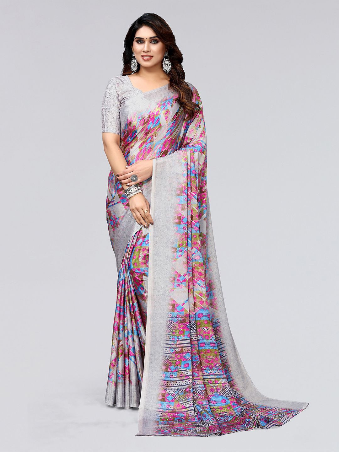 

KALINI Geometric Printed Saree, Grey
