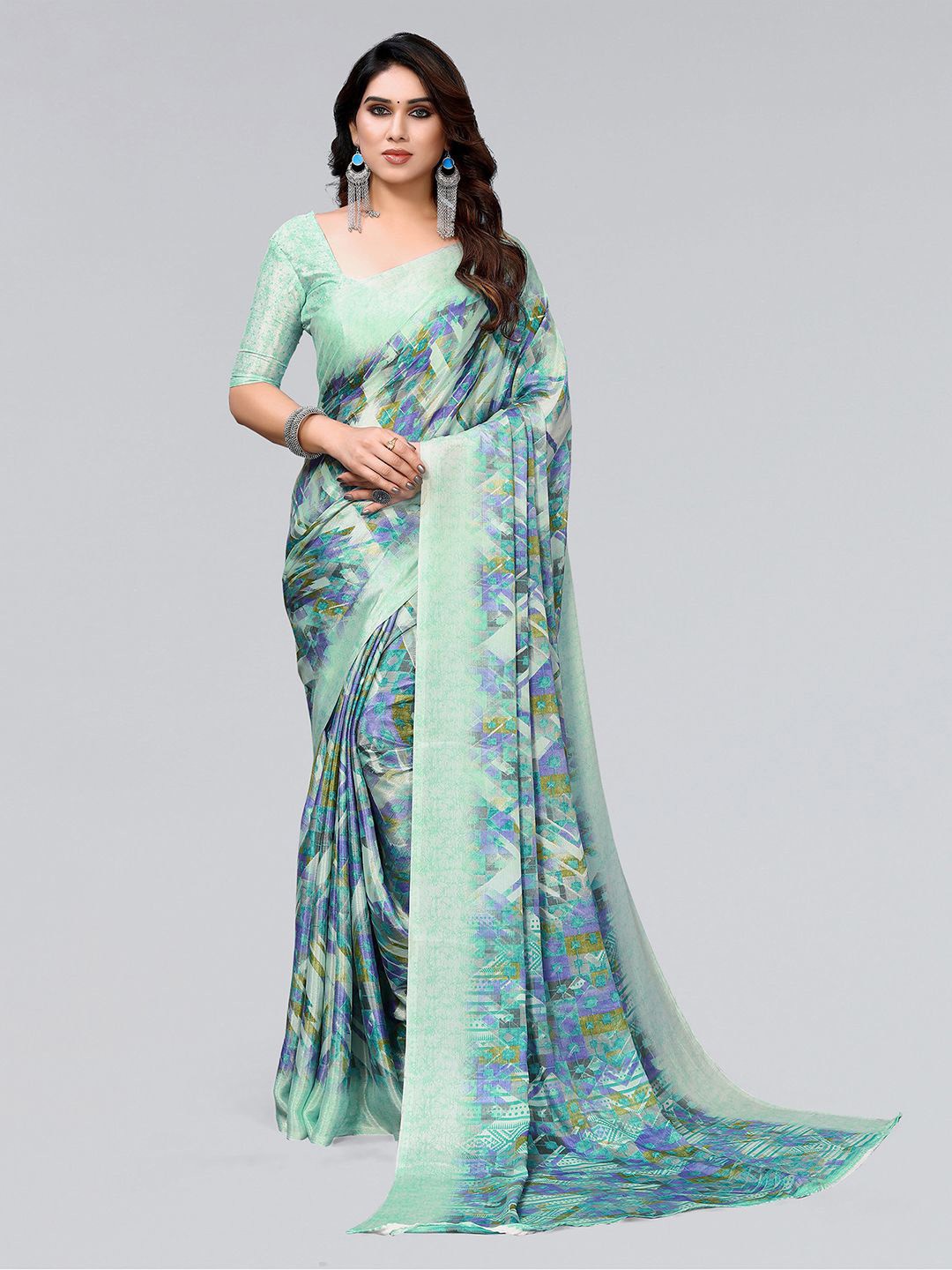

KALINI Geometric Printed Saree, Turquoise blue