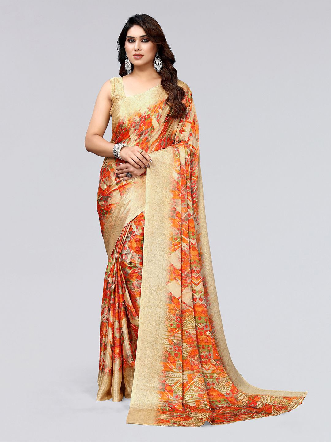 

KALINI Geometric Printed Silk Blend Saree, Beige